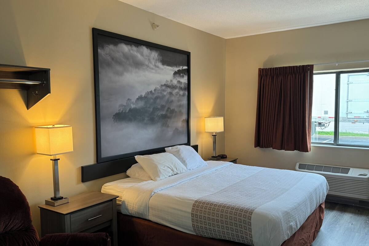 Habitación de hotel con una cama grande, dos mesitas de noche con lámparas, un cuadro grande en la pared, una ventana con cortinas y vistas al exterior.