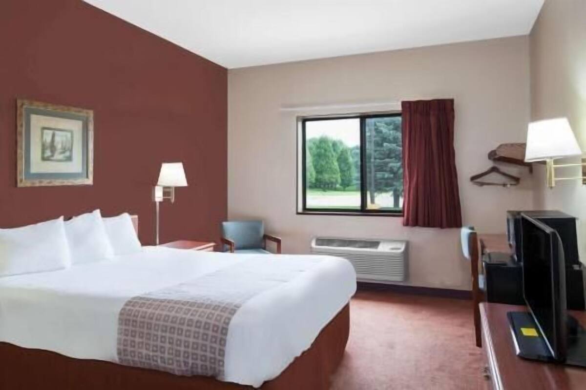 Habitación de hotel con cama, escritorio, silla, televisor, ventana con vista a árboles y un cuadro en la pared.