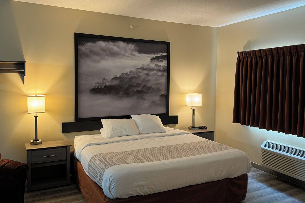 Habitación de hotel con una cama grande, dos mesitas de noche con lámparas, un equipo de aire acondicionado instalado en la pared y un cuadro grande enmarcados sobre la cama.