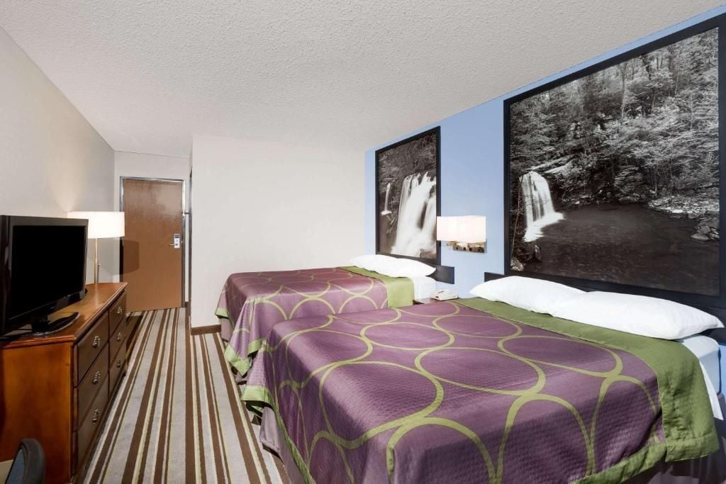 Habitación de hotel con dos camas, un televisor y una fotografía enmarcada de una cascada grande en la pared.