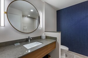 Un baño moderno con un espejo grande, un lavabo y un inodoro.