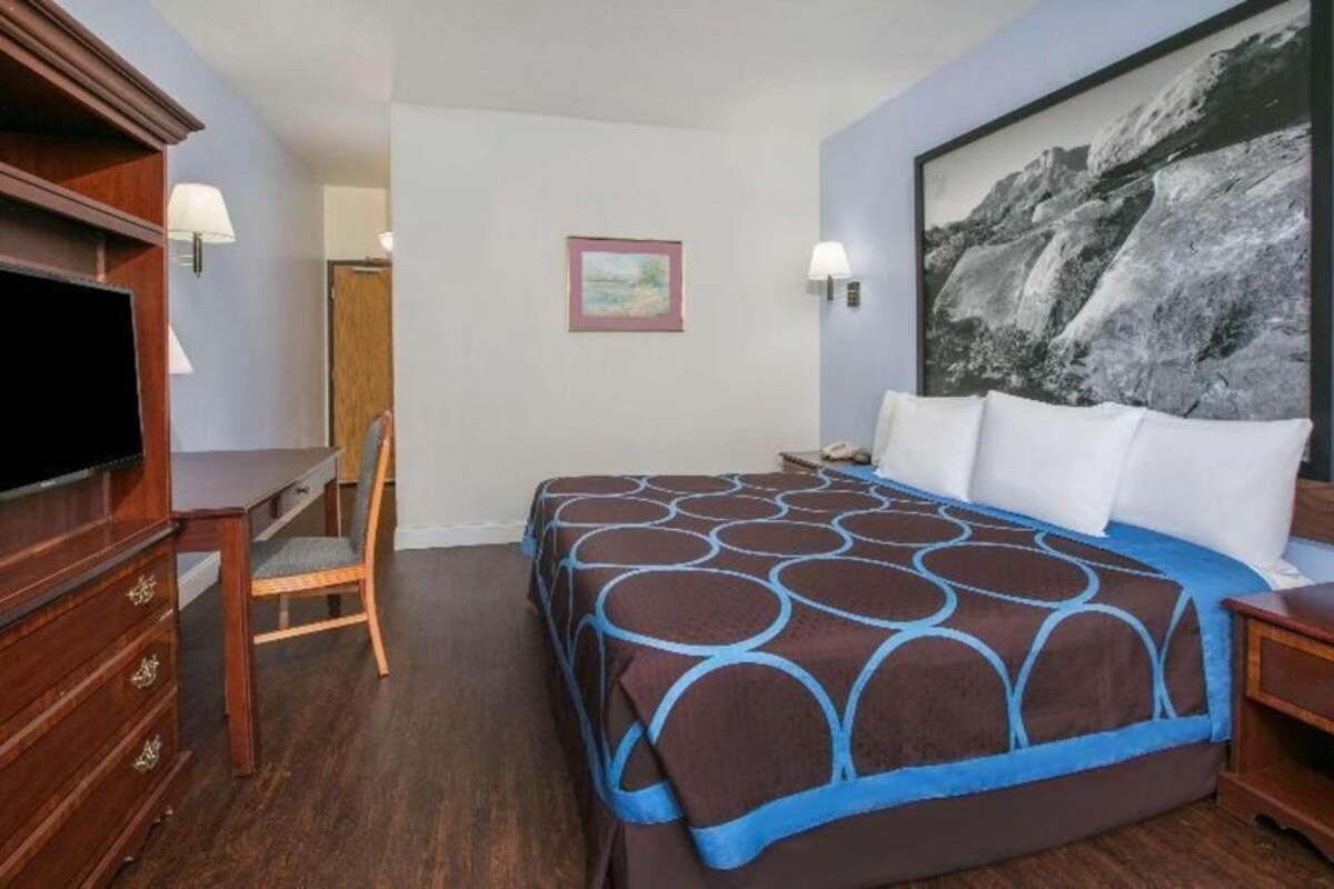 Una habitació d'hotel amb un llit, un escriptori, una cadira, una televisió i un quadre a la paret.