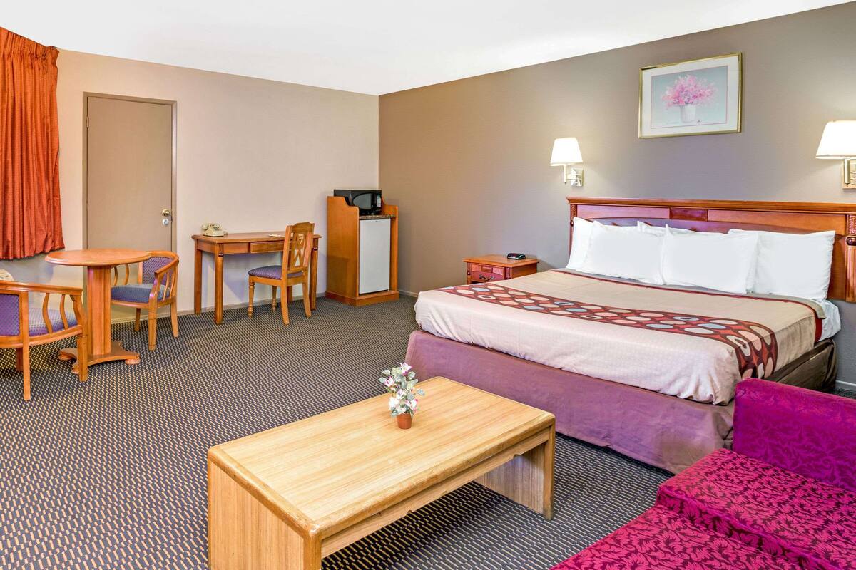 A hotel room with a bed, a desk with a chair, a small table, a TV, and a lamp.