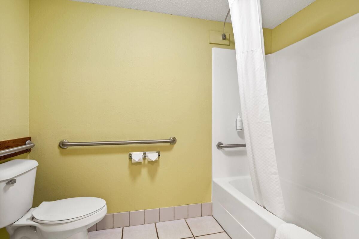 Ein Badezimmer mit Toilette, einer Dusche mit Vorhang und einer Haltestange.