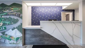 A reception area with a geometric patterned wall, a reception desk, and a mural depicting a market scene. - Rodeway Inn & Suites near Outlet Mall - Asheville (Asheville)