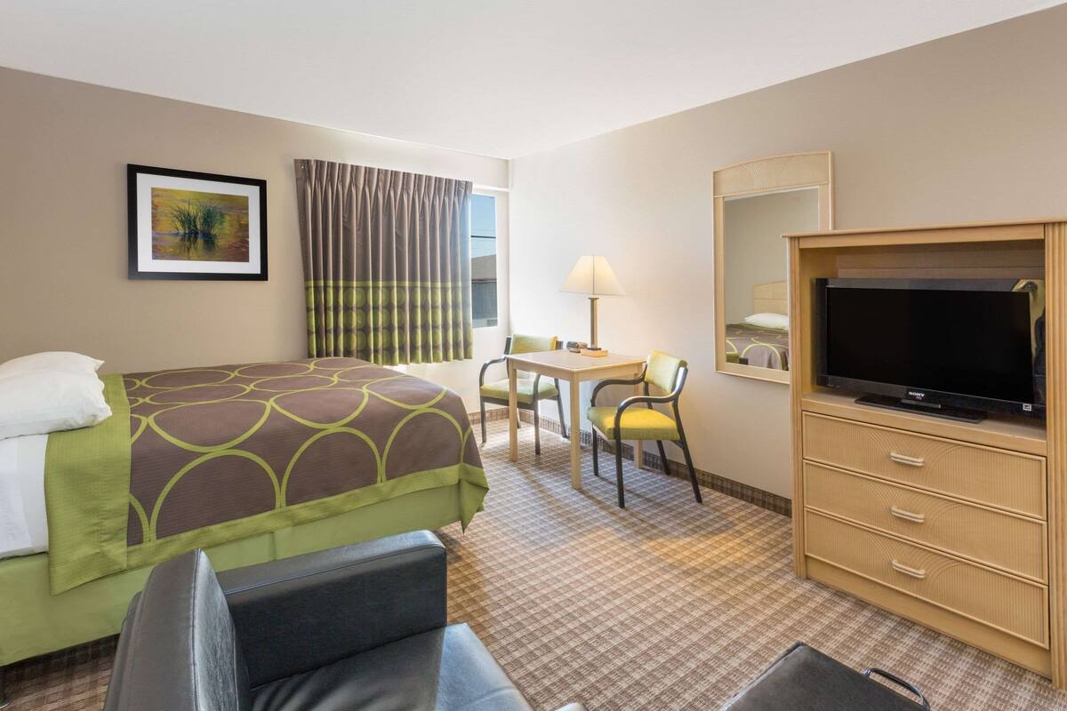 A hotel room with a bed, a desk with a chair, a television, and a mirror.