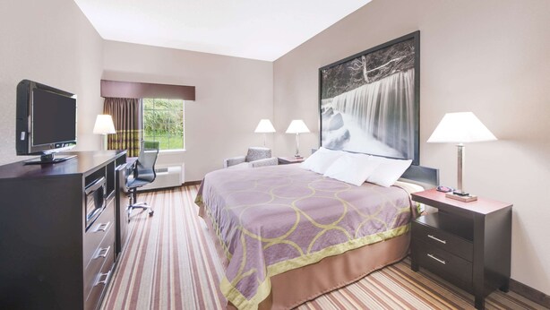 A hotel room with a large bed, a desk with a computer, a TV, and two lamps.