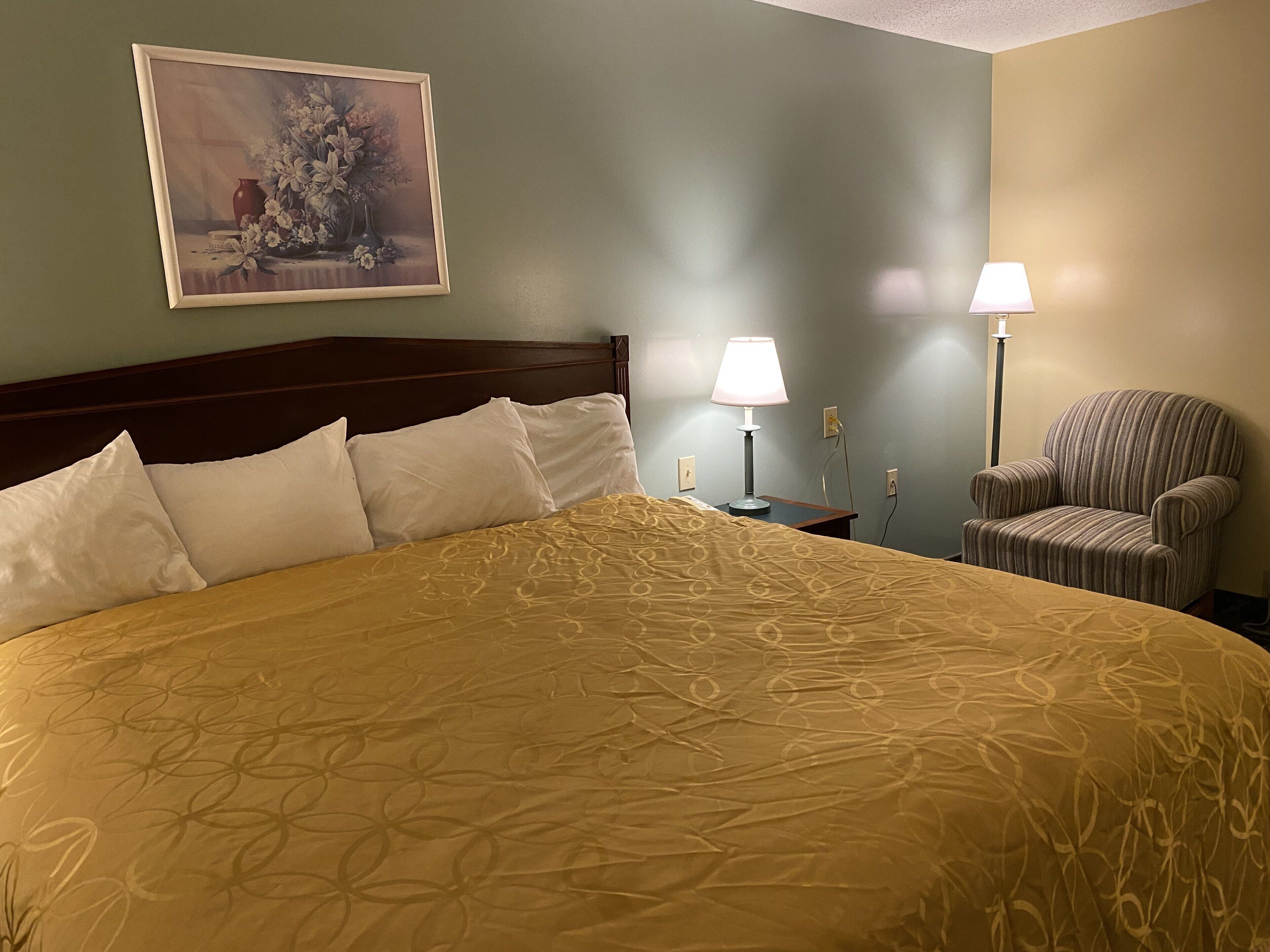 Un letto grande con copriletto decorato, un comodino con lampada, una poltrona a righe e un quadro appeso al muro.