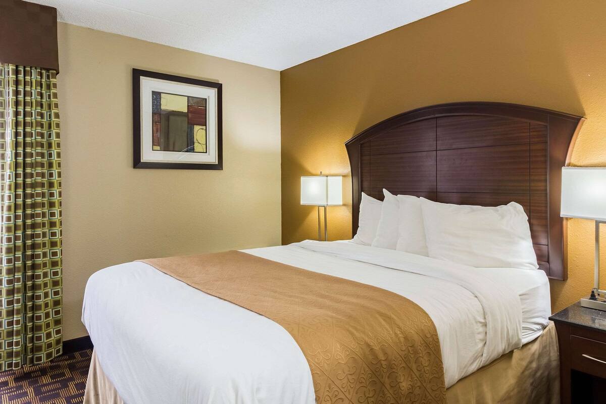 A hotel room with a large bed, two bedside lamps, a framed picture on the wall, and a patterned curtain.