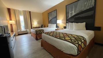 Desk, laptop workspace, blackout curtains, rollaway beds