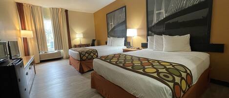 Desk, laptop workspace, blackout curtains, rollaway beds