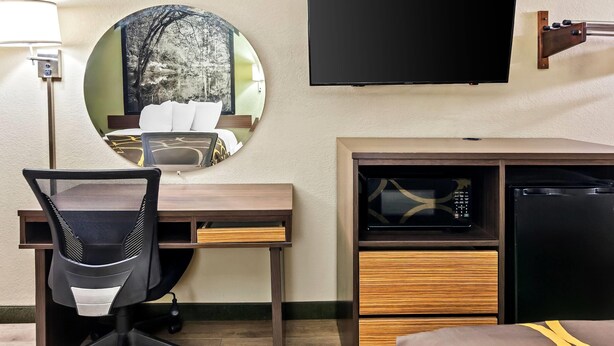 Habitación de hotel con escritorio, silla, televisor, microondas y refrigerador.