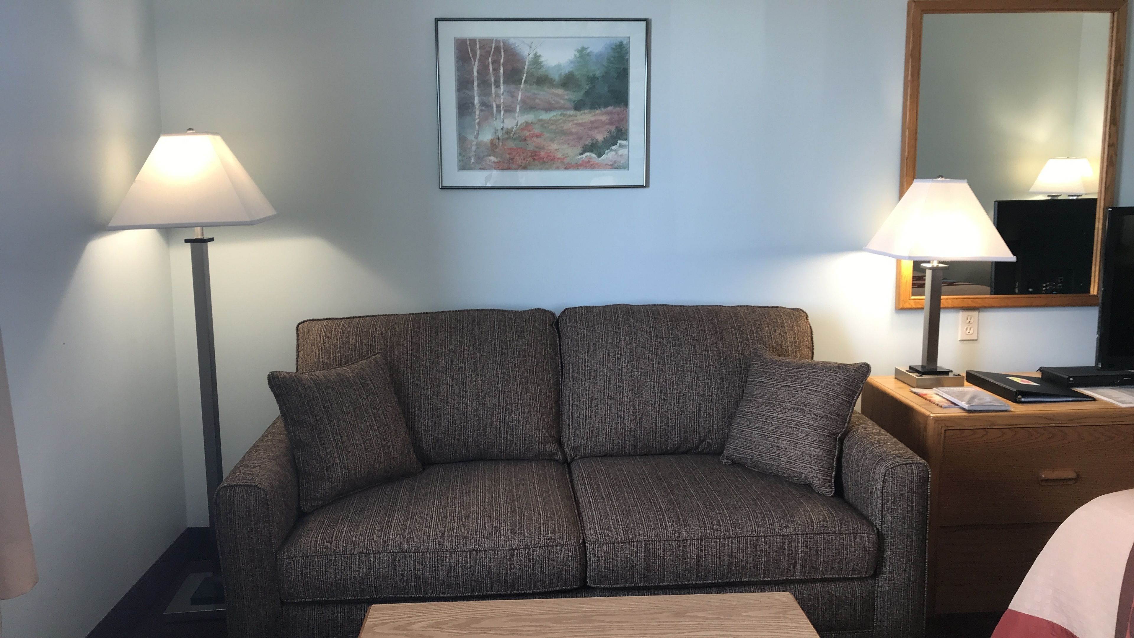 A room with a grey sofa, two floor lamps, a framed painting, a wooden nightstand, and a mirror.