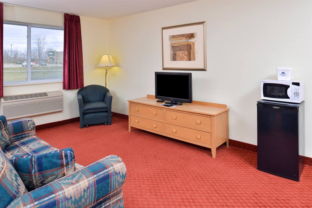 A hotel room with a red carpet, a sofa, a TV on a wooden dresser, a microwave, and a window with a view of a parking lot.