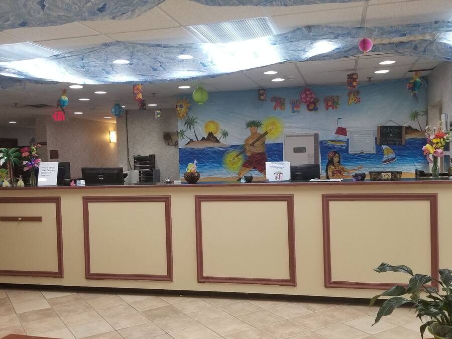 A reception desk with a tropical mural, a sign for the bar, and a plant.