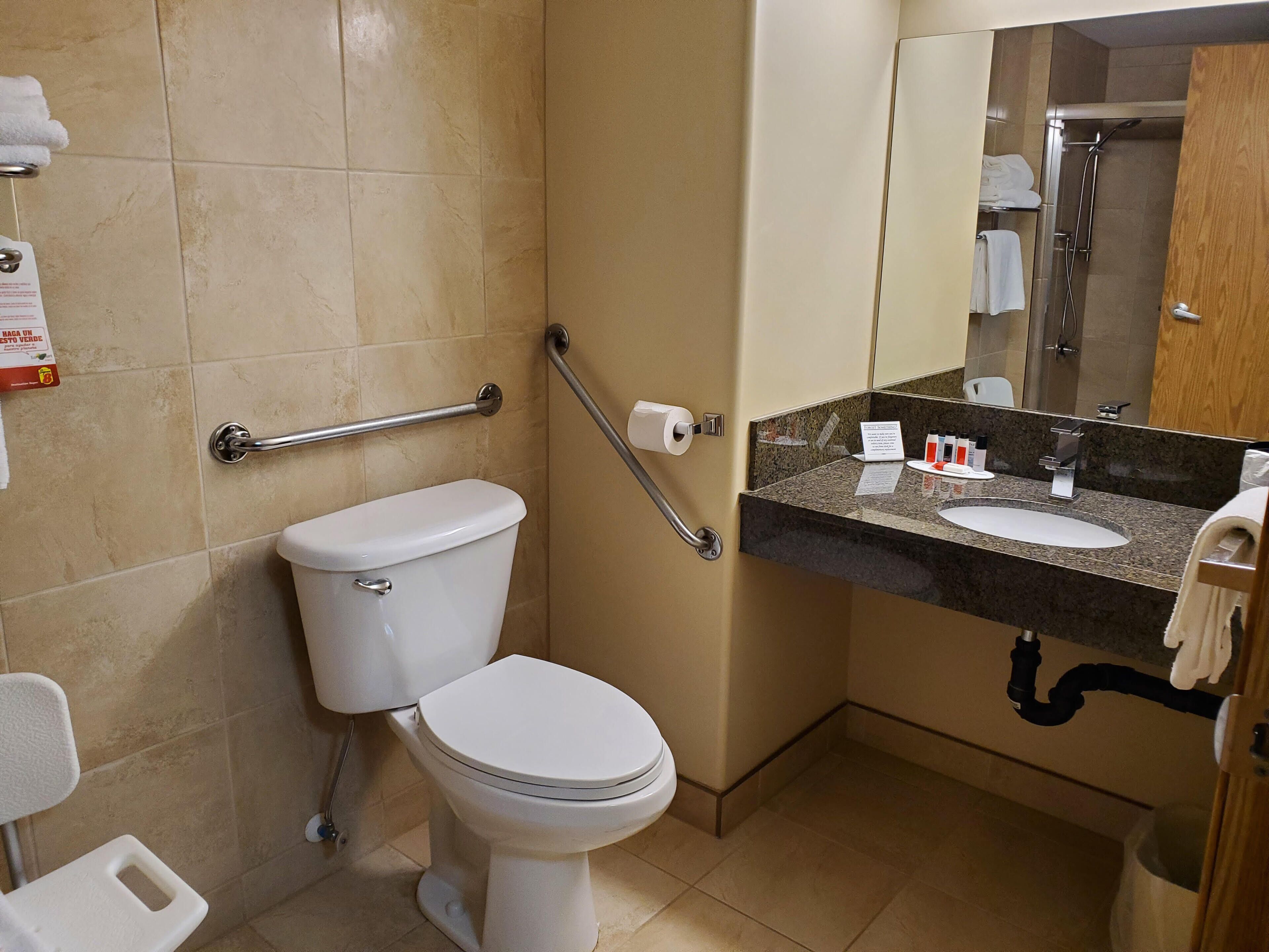 Un baño con inodoro, barra de apoyo, lavamanos y espejo.