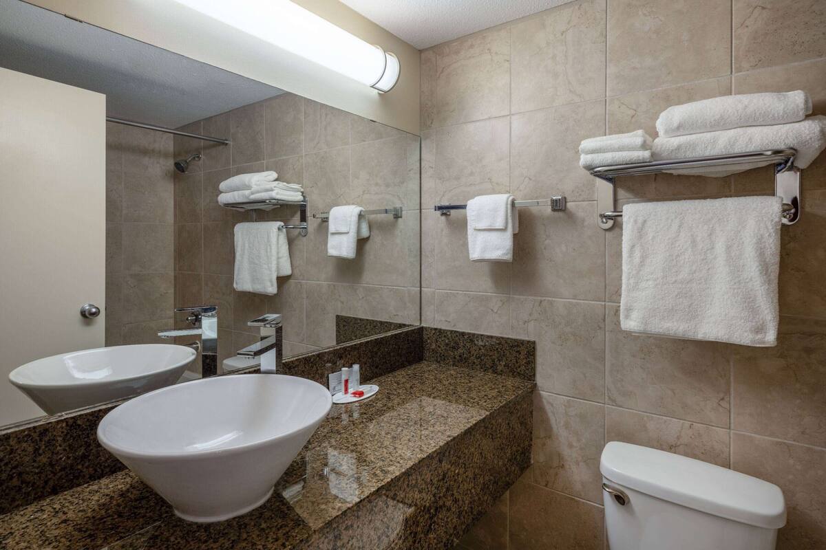 combined shower/bathtub, hair dryer, towels
