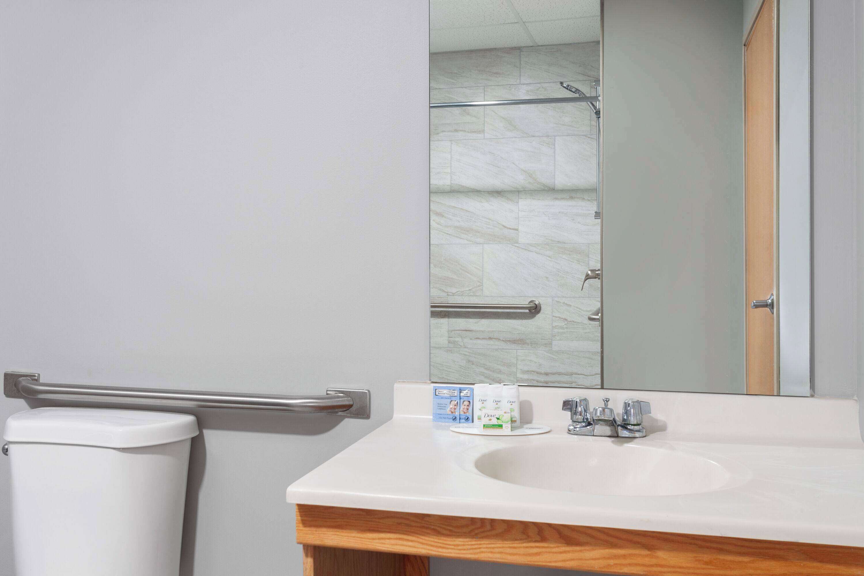 A bathroom with a white sink, a mirror, and a handrail.