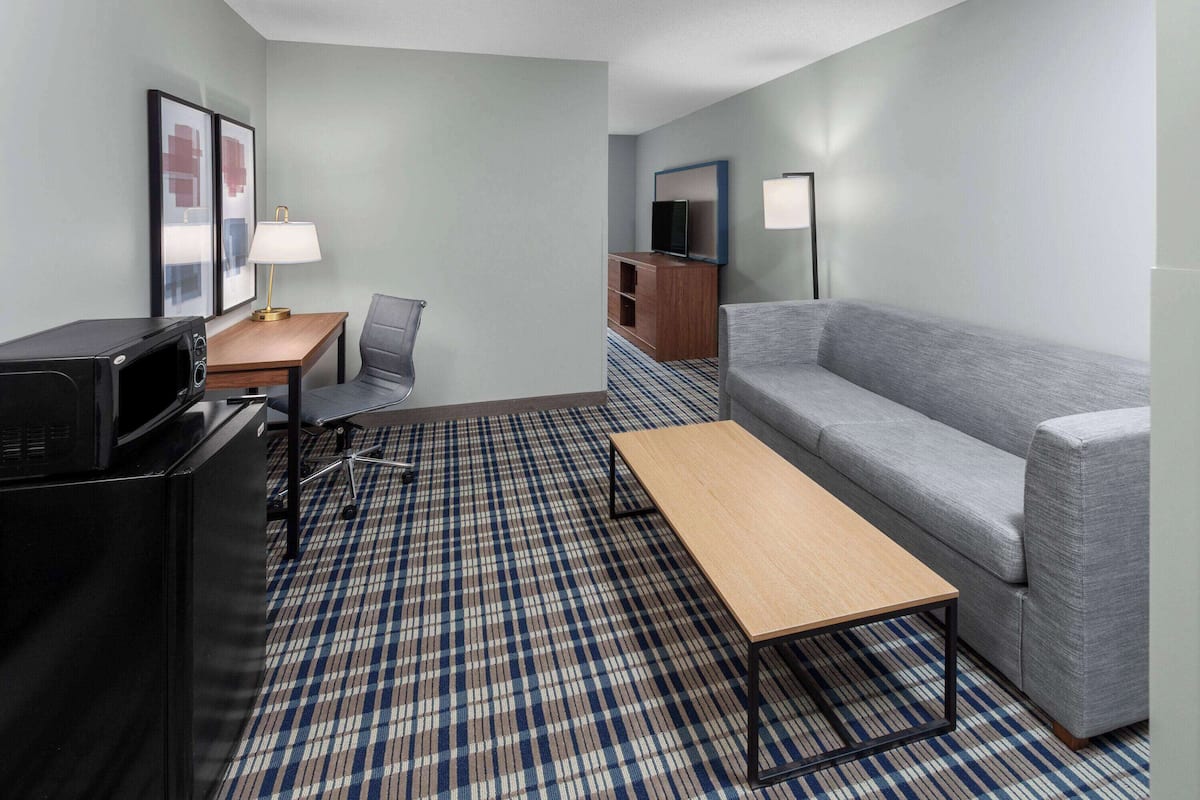 Een hotelkamer met een ruitpatroon vloerkleed, een grijze bank, een houten tafel, een televisie op een houten kast, een lamp en een stoel.