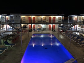 Outdoor pool, pool umbrellas, pool loungers