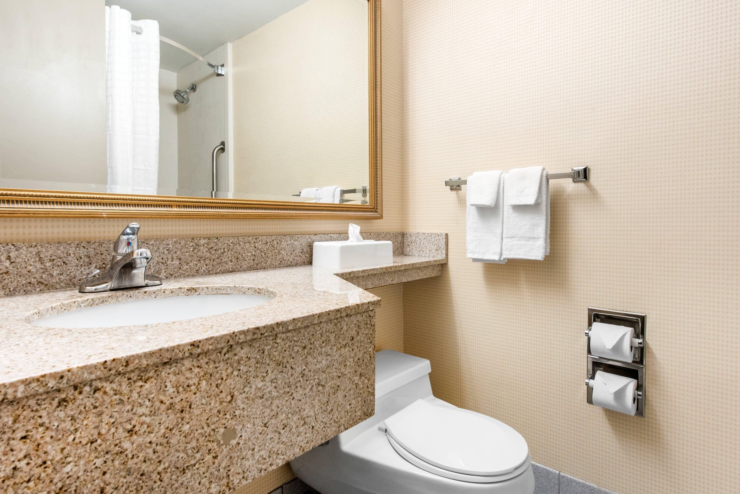 A bathroom with a granite countertop sink, a toilet, a mirror, a towel rack, and a paper towel dispenser.