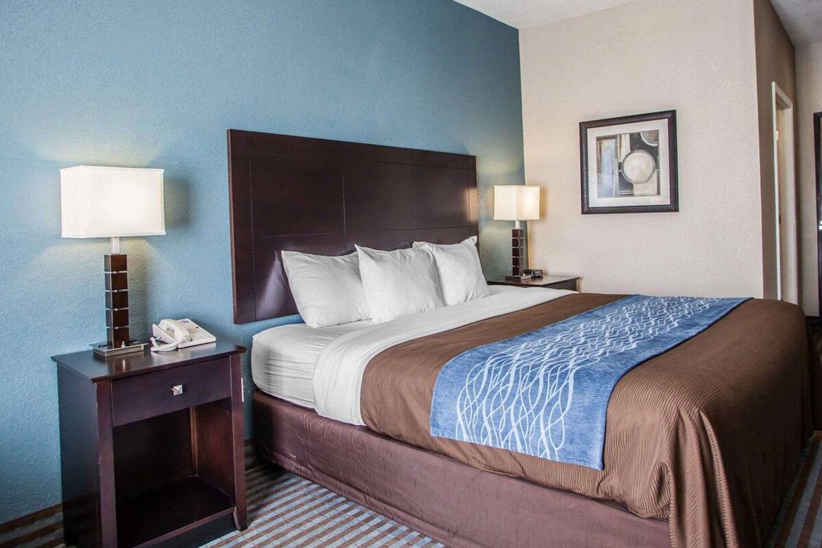Un cuarto de hotel con una cama grande, dos mesitas de noche con lámparas, un cuadro en la pared y una alfombra a rayas.