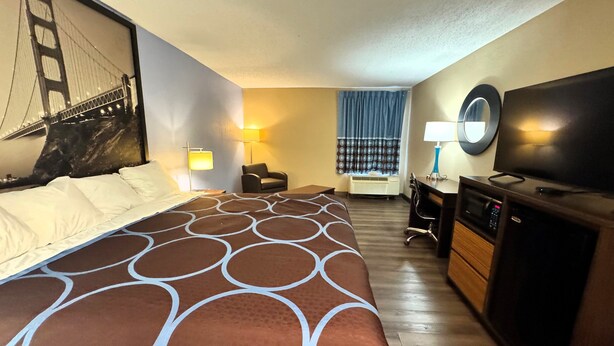 Habitación de hotel con una cama grande, un escritorio con silla, televisión y televisor de pared.