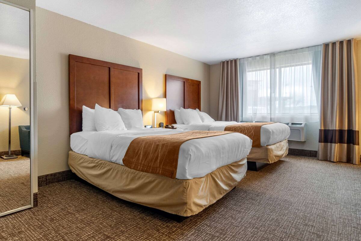 standard room, 2 queen beds, non smoking | in-room safe, desk, laptop workspace, iron/ironing board
