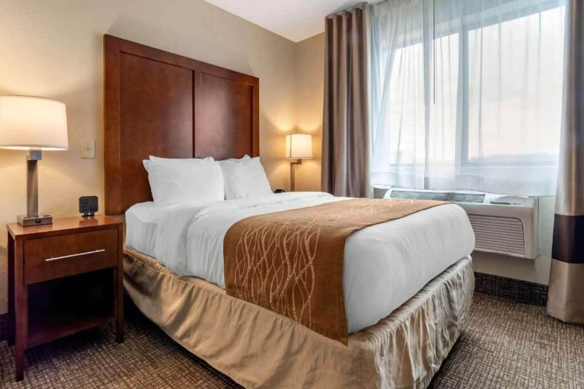 A hotel room with a bed, bedside table, lamp, air conditioning unit, and curtains.