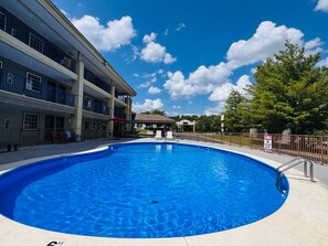 Seasonal outdoor pool, open 10:00 AM to 11:00 PM, pool umbrellas