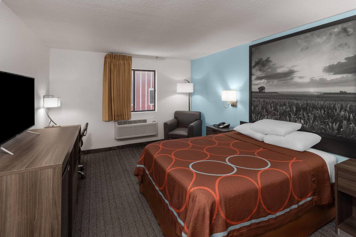 Une chambre d’hôtel avec un grand lit, un bureau, une chaise, une télévision et un tableau représentant un champ.