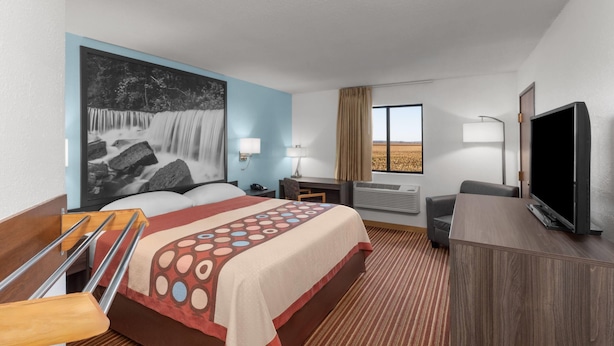 Habitación de hotel con cama, escritorio, televisor y un amplio ventanal con vistas al campo.
