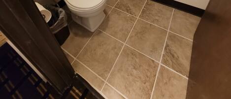 A bathroom with a toilet, a bathtub, and a shower curtain.