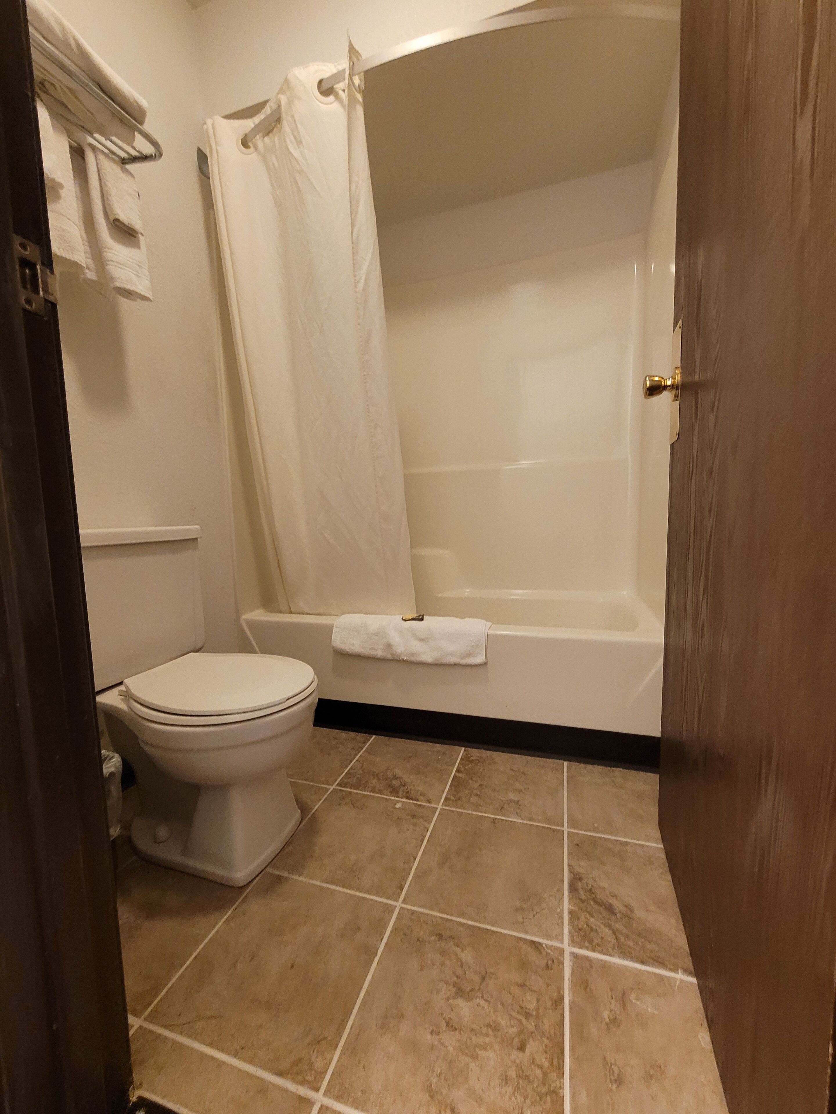 A bathroom with a toilet, a bathtub, and a shower curtain.
