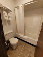 Bañera con ducha, secador de pelo, toallas