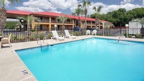 A hotel with a swimming pool, lounge chairs, and palm trees. - Super 8 by Wyndham Defuniak Springs (De Funiak Springs)