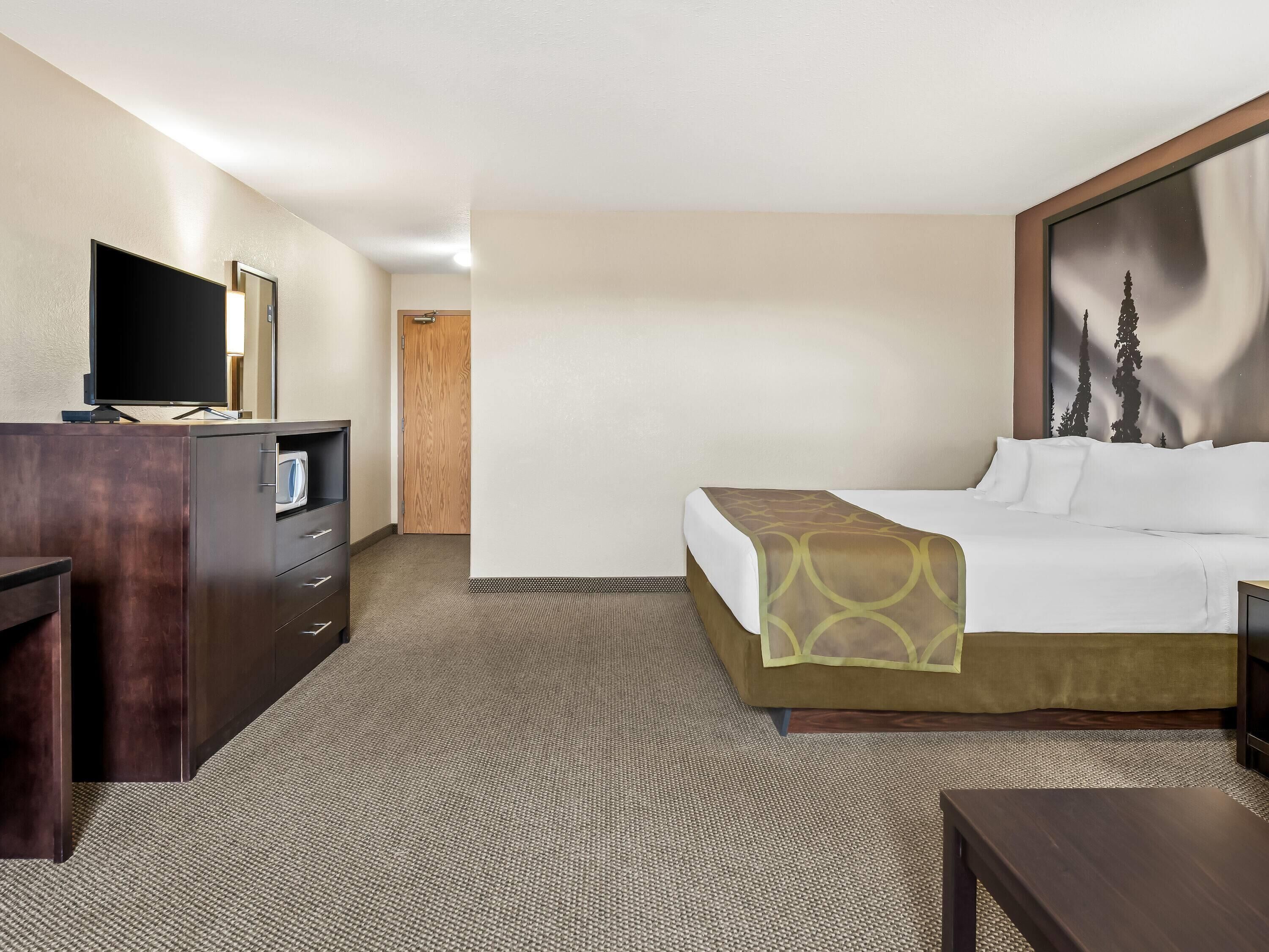 Camera d'albergo con un letto, una scrivania con TV a schermo piatto, un comò e un'ampia finestra.