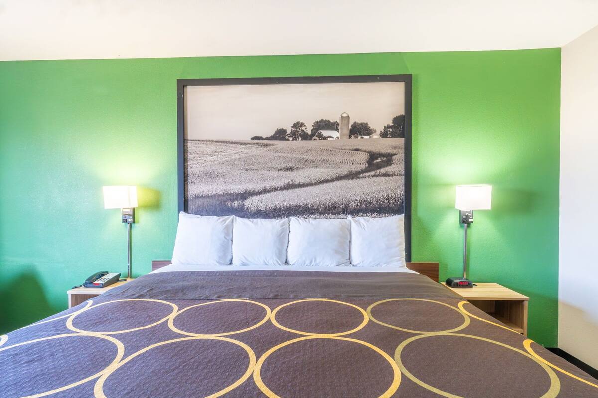 Habitación de hotel con cama, paredes verdes, un cuadro grande de paisaje, dos lámparas de noche y un teléfono en la mesita de noche.
