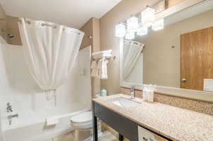 Combined shower/tub, deep soaking tub, rainfall showerhead, hair dryer