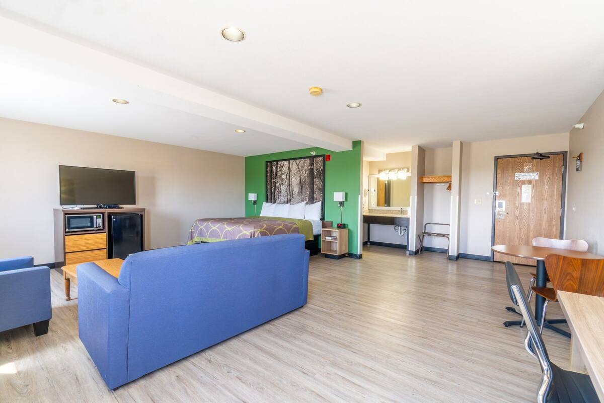 Habitación de hotel con cama, sofá, escritorio, televisor, microondas y kitchenette.
