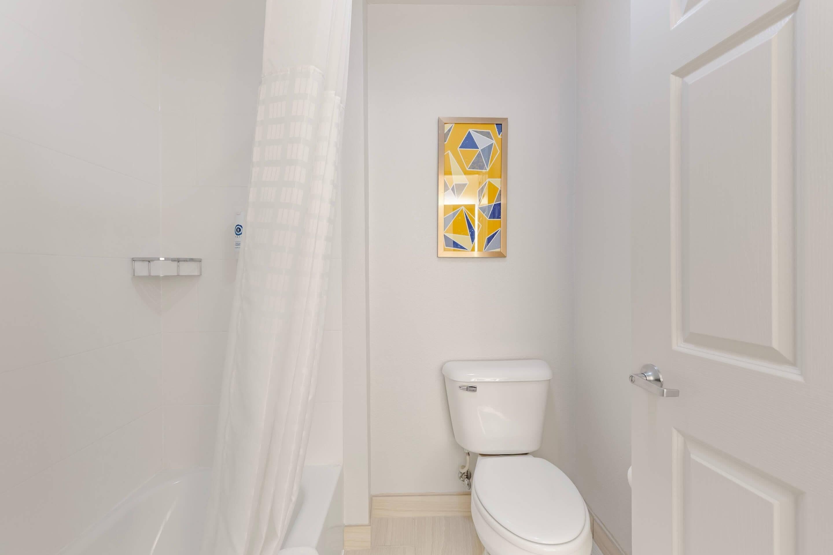 A bathroom with a toilet, a shower curtain, and a framed artwork on the wall.