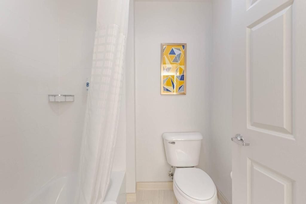 A bathroom with a toilet, a shower curtain, and a framed artwork on the wall.