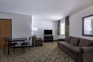Habitación de hotel con sofá, televisor, mesa de comedor con sillas y alfombra estampada.