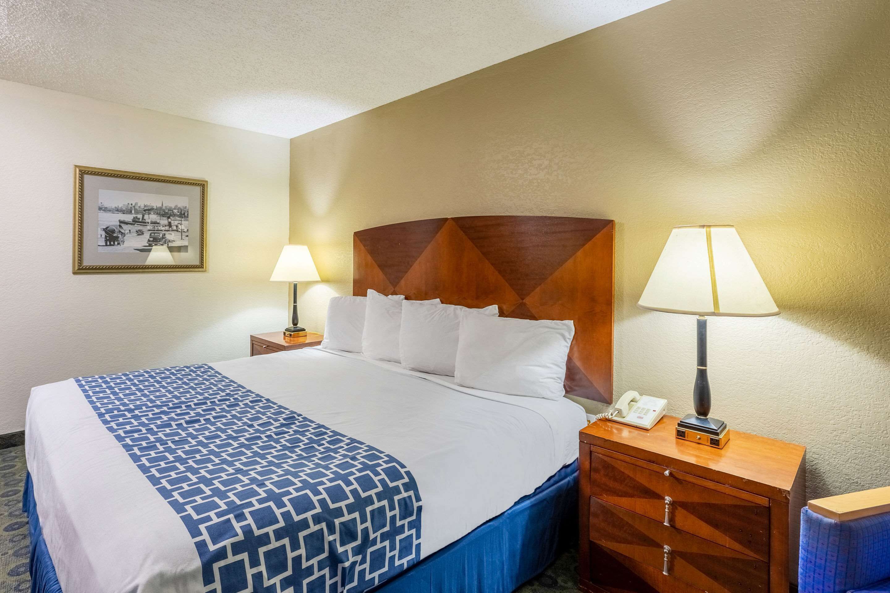 Hotelkamer met een groot bed, twee bedlampen, een houten hoofdeinde, een nachtkastje met een telefoon en een lijst aan de muur.