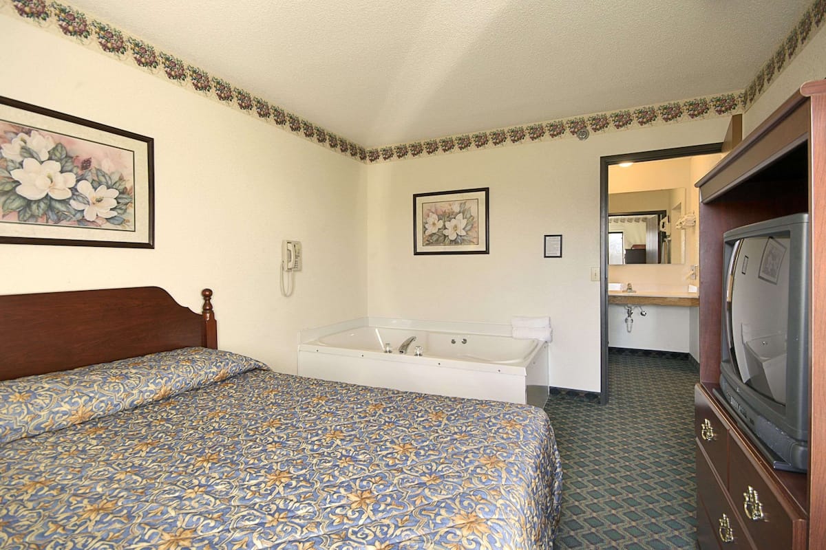 A hotel room with a bed, a bathtub, a television, and a bathroom.