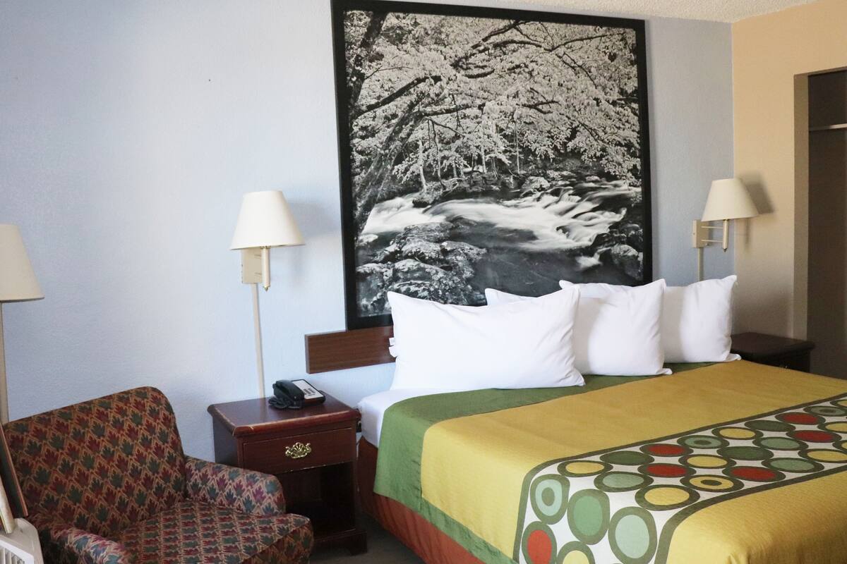 A hotel room with a bed, a chair, a nightstand, and a painting of a snowy landscape.