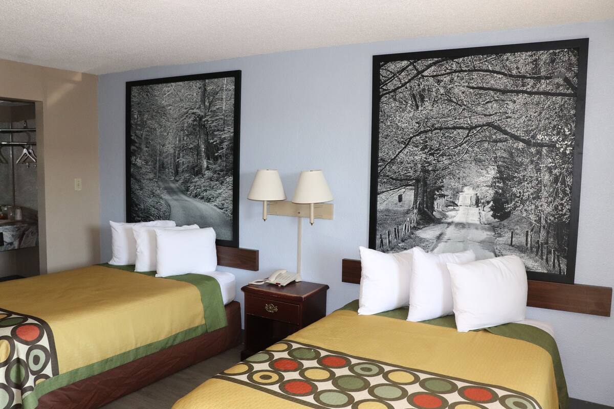 A hotel room with two beds, a nightstand, a lamp, and two framed black and white forest photographs on the walls.