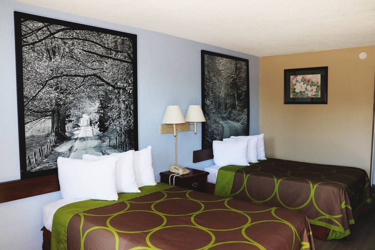 A hotel room with two beds, each with a green and brown patterned bedspread, white pillows, and a nightstand with a lamp. There are two large framed pictures on the walls, one depicting a forest scene and the other a floral arrangement.