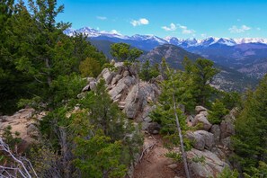 A mountainous landscape with rocky terrain and dense pine trees. - The Outpost Rocky Mountains (Estes Park)
