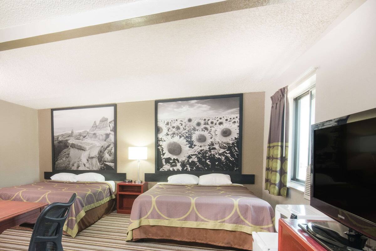 Une chambre d’hôtel avec deux lits, un bureau, une chaise, un téléviseur et deux grandes œuvres d’art mural.